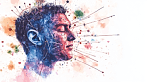 Soyut bir sanat eseri, insan yüzünde bulunan ince iğneler ile akupunktur temasını resmediyor, kentsel akupunktur teorisini sembolize eden renkli ve yaratıcı bir tasarım.