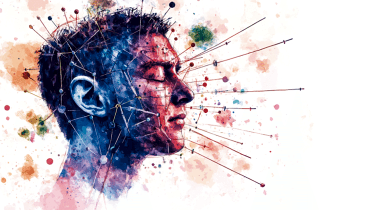 Soyut bir sanat eseri, insan yüzünde bulunan ince iğneler ile akupunktur temasını resmediyor, kentsel akupunktur teorisini sembolize eden renkli ve yaratıcı bir tasarım.