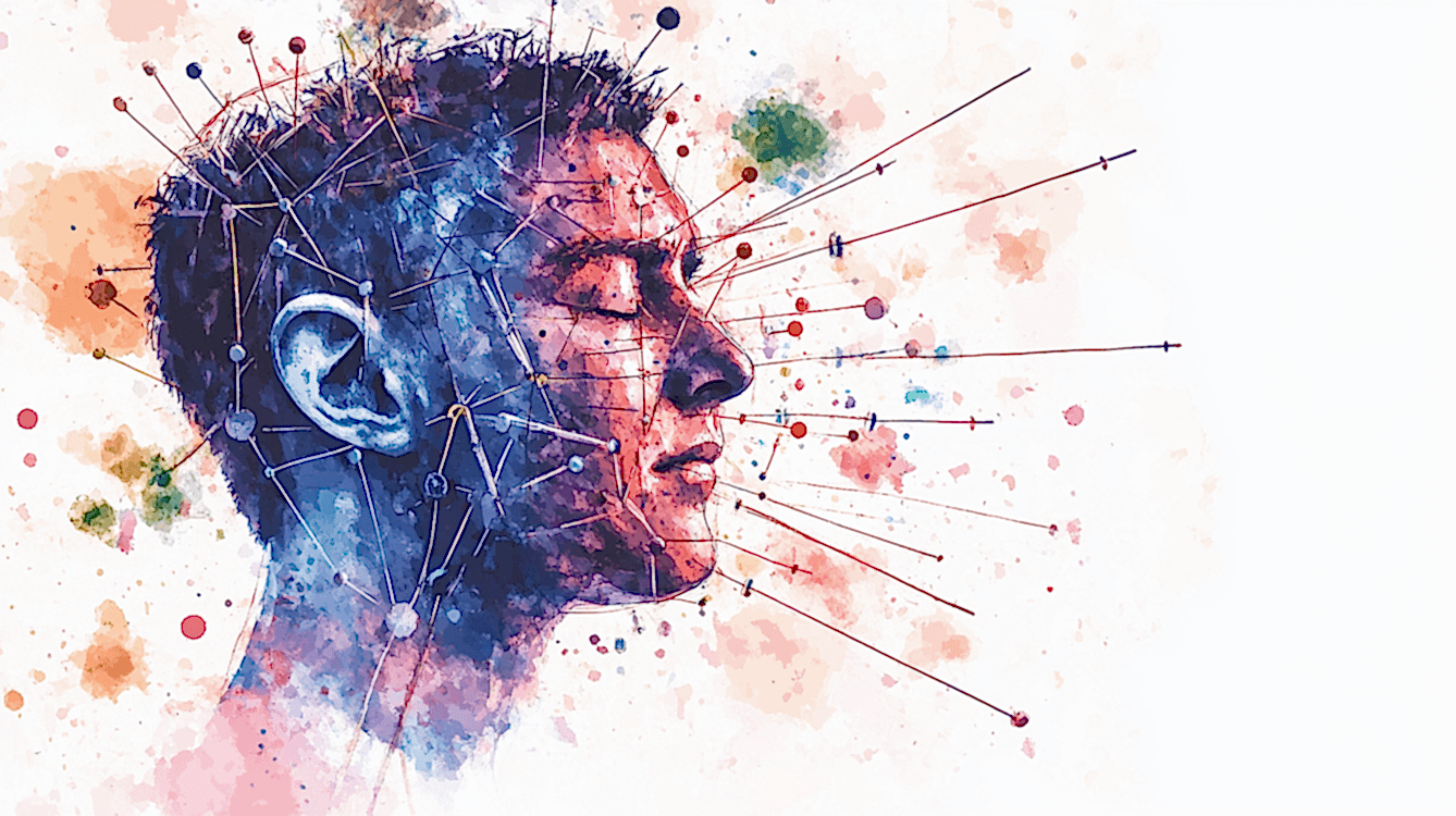 Soyut bir sanat eseri, insan yüzünde bulunan ince iğneler ile akupunktur temasını resmediyor, kentsel akupunktur teorisini sembolize eden renkli ve yaratıcı bir tasarım.