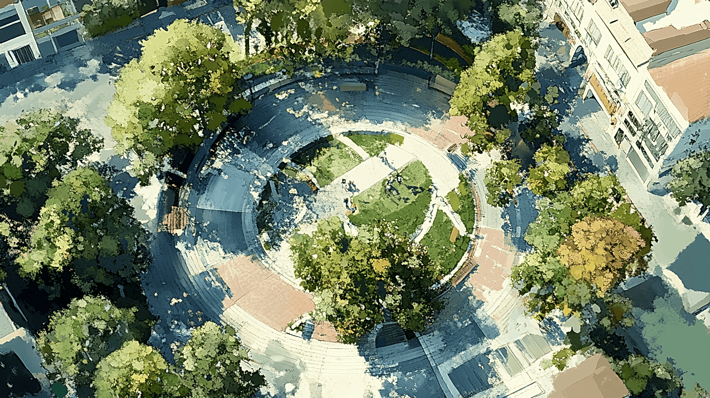 Boş bir araziye yerleştirilmiş, yeşilliklerle çevrili ve oturma alanları bulunan bir cep parkı.