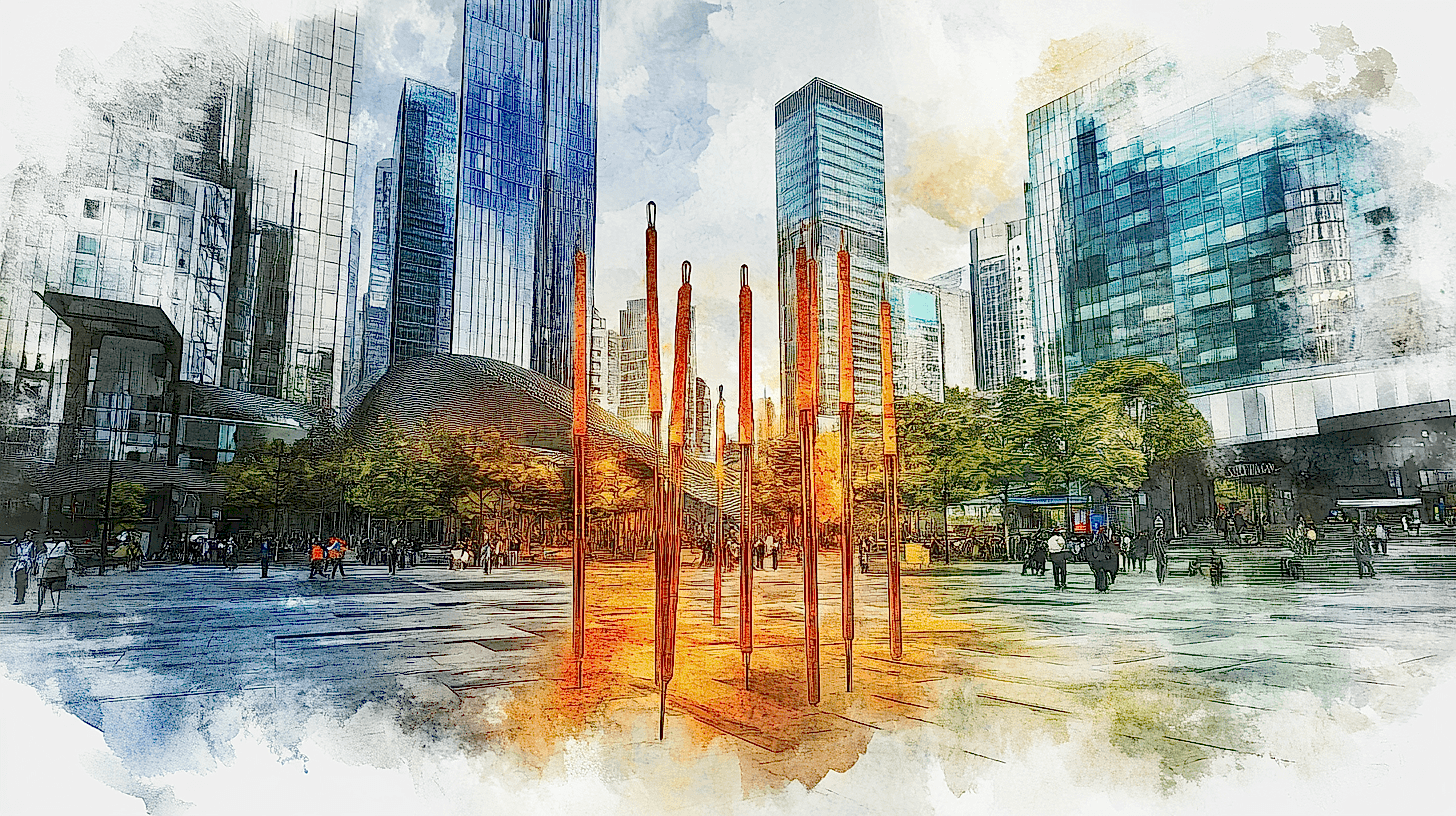 Kent içinde, binalar arasında yer alan küçük bir bahçe alanı ve yürüyüş yolu.