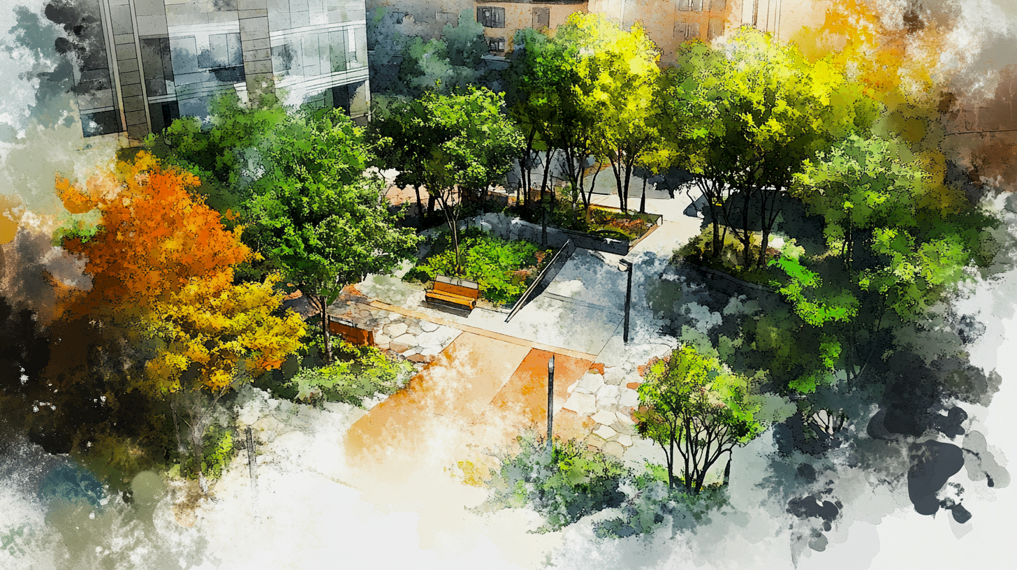 Şehir merkezinde yer alan küçük bir cep parkı, insanların dinlenmesi için banklar ve ağaçlarla donatılmış.