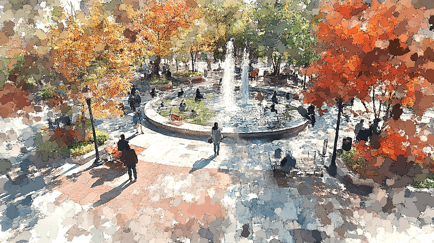 Topluluk tarafından kullanılan küçük bir cep parkı, çimenler, çiçekler ve ağaçlarla süslenmiş.